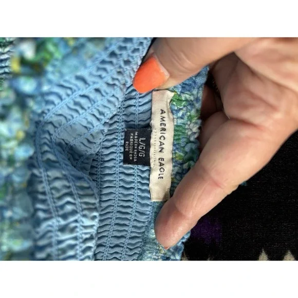 American Eagle Teal/Yellow Floral Sundress Size L Smocked Body Ruffle Straps - Picture 6 of 8